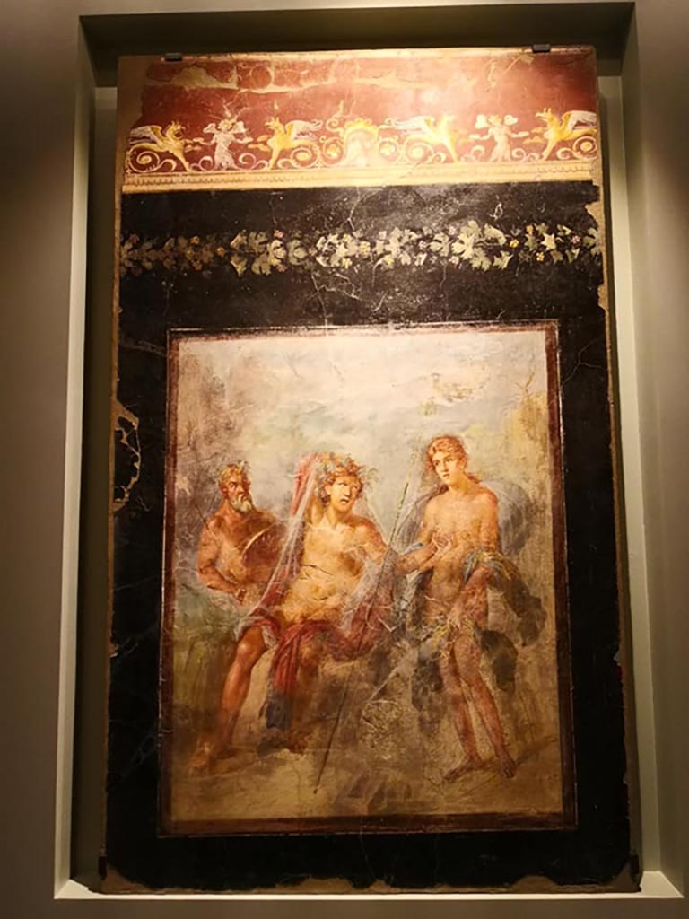 VI.17.42 Pompeii. December 2019. Triclinium 20, central painting from north wall.
On display in exhibition “Pompei e Santorini”, Rome, 2019. Photo courtesy of Giuseppe Ciaramella.