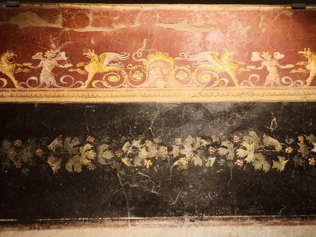 VI.17.42 Pompeii. December 2019. Triclinium 20, detail from upper north wall above central painting.
On display in exhibition “Pompei e Santorini”, Rome, 2019. Photo courtesy of Giuseppe Ciaramella.