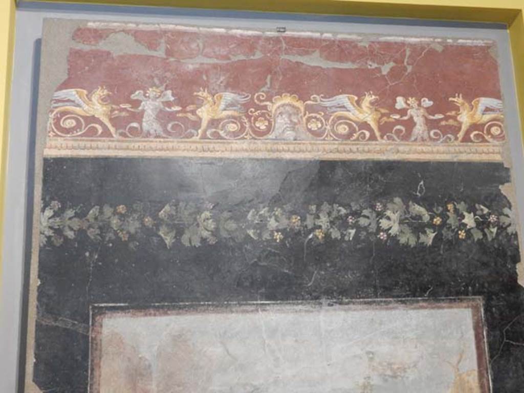 VI.17.42 Pompeii. February 2021. 
Fresco showing Dionysus and Ariadne in Naxos, found on the triclinium north wall, on display in Antiquarium at VIII.1.4.
Photo courtesy of Fabien Bièvre-Perrin (CC BY-NC-SA).
Kuivalainen describes –
“A composition of three figures on the shore of a rocky landscape. ……………..”
Kuivalainen comments –
“Instead of portraying Bacchus just discovering Ariadne, the situation here has already developed. He is drunk and making a pass at her. She is standing wide awake, looks a little surprised by the encounter with a tipsy looking stranger, and makes efforts to protect her modesty. The horizontal line is very high.”
See Kuivalainen, I., 2021. The Portrayal of Pompeian Bacchus. Commentationes Humanarum Litterarum 140. Helsinki: Finnish Society of Sciences and Letters, (p.156, E20).

