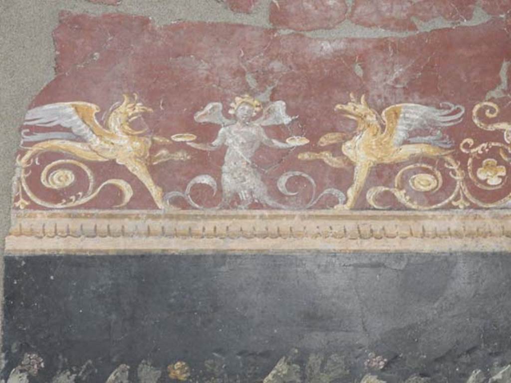 VI.17.42, Pompeii, May 2018. 
Triclinium 20, central painting from north wall of triclinium depicting the abandonment of Ariadne on Naxos and the arrival of Dionysus bewitched by the young lady. Inv. 41658. Photo courtesy of Buzz Ferebee.



