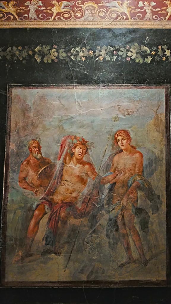 VI.17.42 Pompeii. December 2019.
Fresco showing Dionysus and Ariadne in Naxos, found on the triclinium north wall.
On display in exhibition “Pompei e Santorini” in Rome, 2019.
According to the information card – this was from the Neronian age 54-68 AD.
Photo courtesy of Giuseppe Ciaramella.