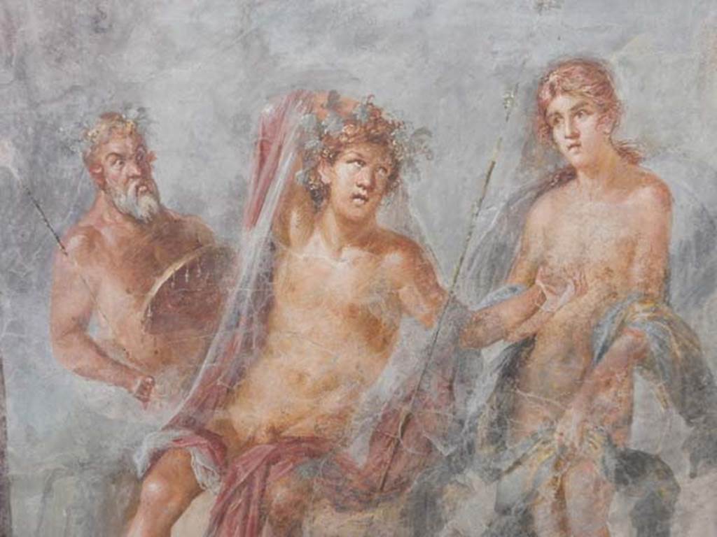 VI.17.42, Pompeii, May 2018. Triclinium 20, detail of Silenus, Dionysus and Ariadne from central painting on north wall.
Photo courtesy of Buzz Ferebee.