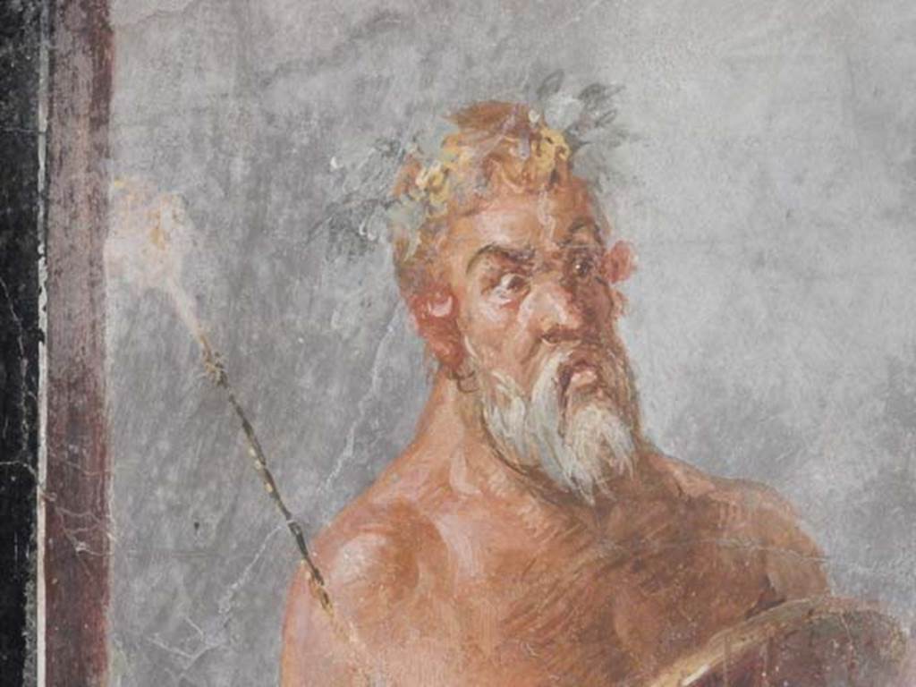 VI.17.42, Pompeii, May 2018. Triclinium 20, detail of Silenus, from central painting on north wall.
Photo courtesy of Buzz Ferebee.