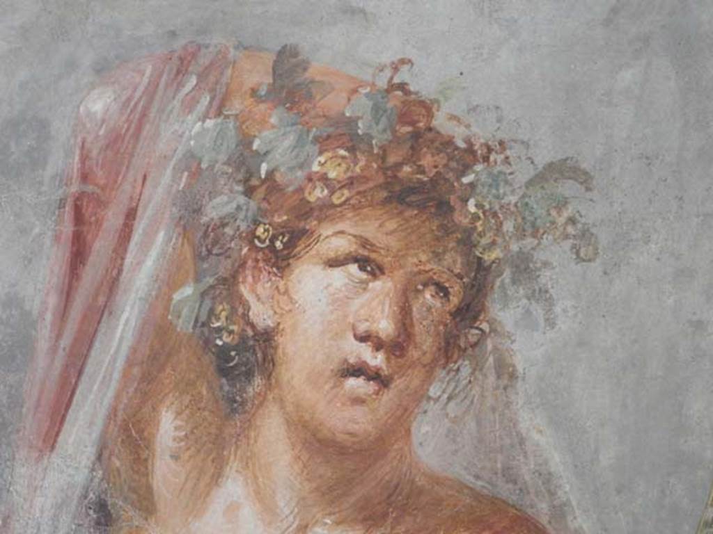 VI.17.42, Pompeii, May 2018. Triclinium 20, detail of Dionysus, from central painting on north wall.
Photo courtesy of Buzz Ferebee.
