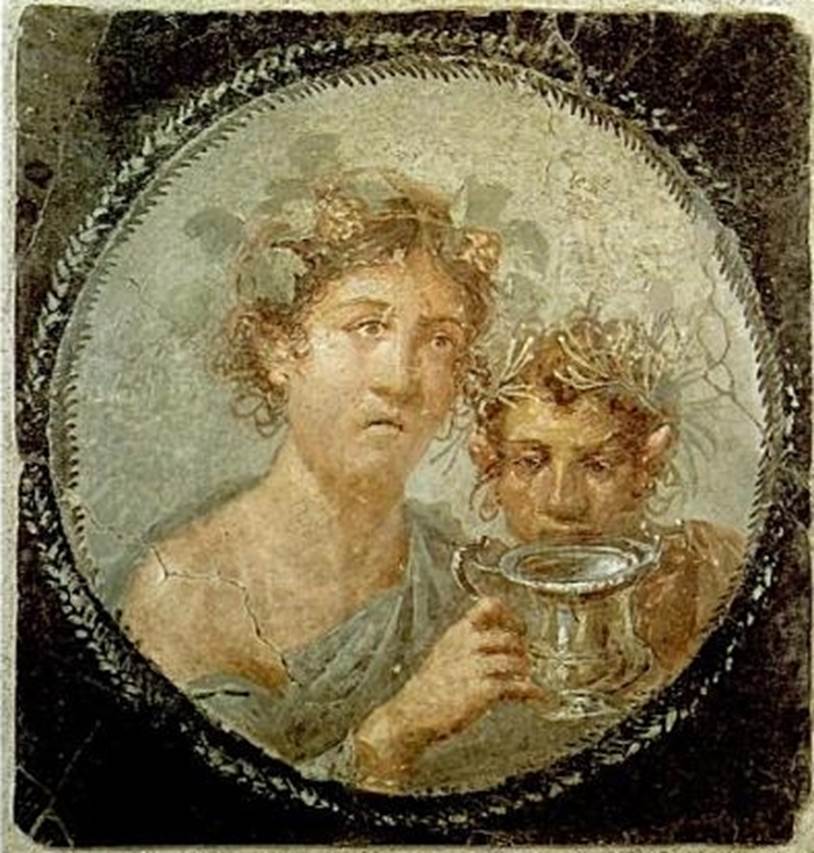 VI.17.42 Pompeii. April 2019, photographed on display in Antiquarium. 
Triclinium 20 overlooking garden, east end of north wall.
Wall painting of two unidentified women, possibly Phaedra with her elderly nurse. 
Parco Archeologico di Pompei, inventory number 20544. 
Photo courtesy of Rick Bauer.
