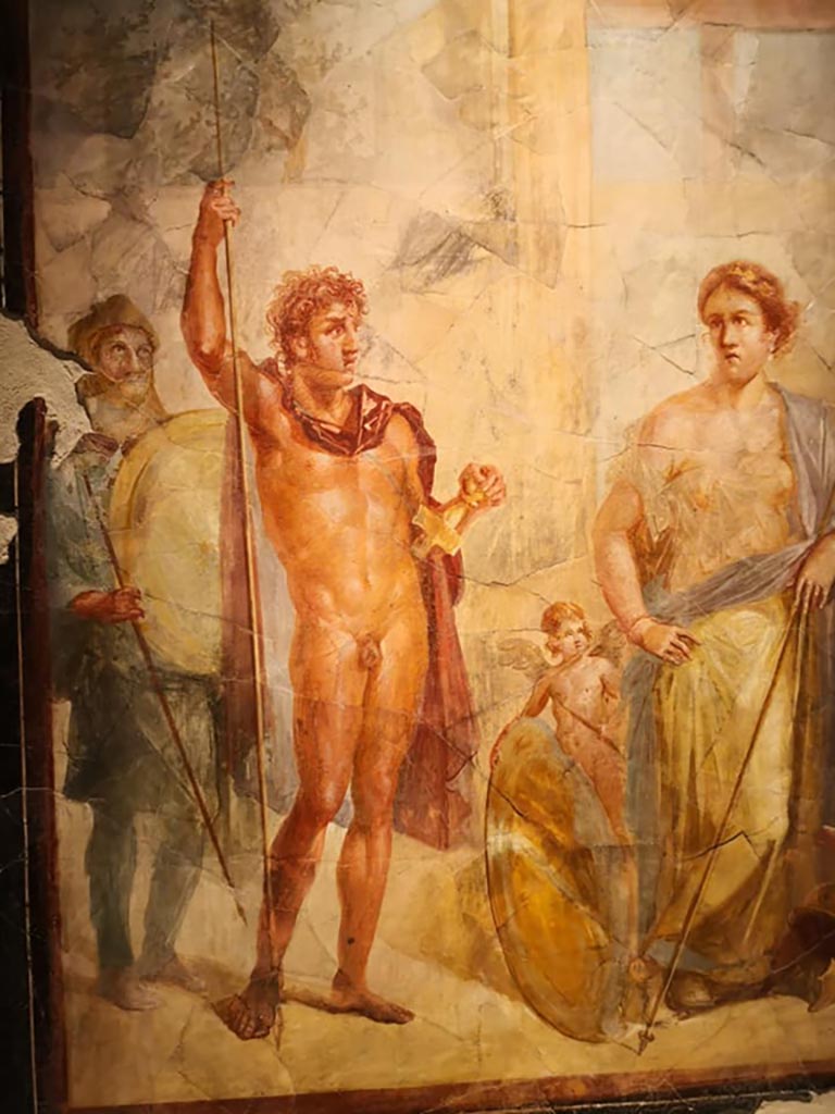 VI.17.42 Pompeii, December 2019.
Triclinium 20, south wall, with central wall painting depicting the wedding of Alexander the Great and Roxanne.
On display in exhibition “Pompei e Santorini” in Rome, 2019.
According to the information card – from the Neronian age, 54-68AD. Photo courtesy of Giuseppe Ciaramella.