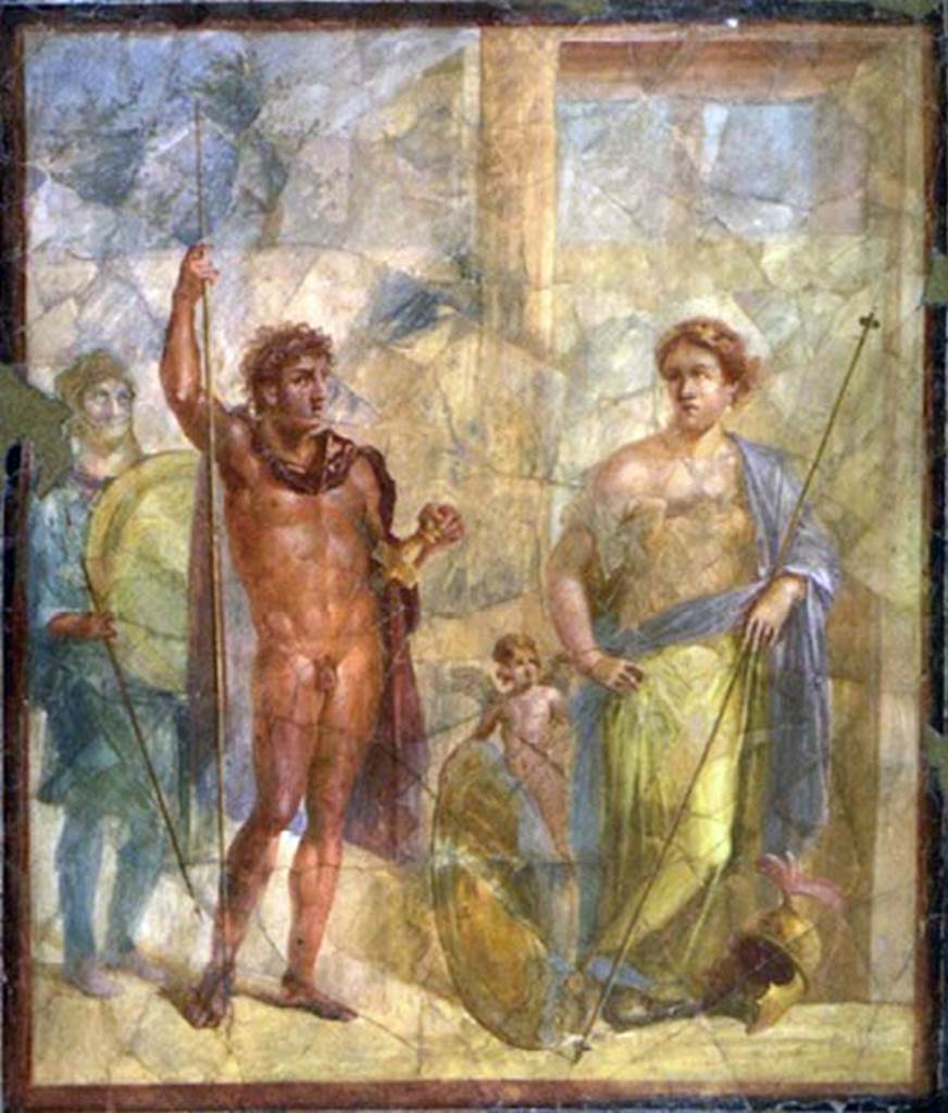 VI.17.42 Pompeii. South wall of triclinium 20 overlooking garden.
Wall painting known as the wedding of Alexander and Roxanne.
The house was originally named after this painting.
Scholars now debate whether the woman is his first wife Roxanne or his second wife Stateira.
According to Richardson this is from the same room as Bacchus and Ariadne.
See Richardson, L., 2000. A Catalog of Identifiable Figure Painters of Ancient Pompeii, Herculaneum. Baltimore: John Hopkins. (p. 126).