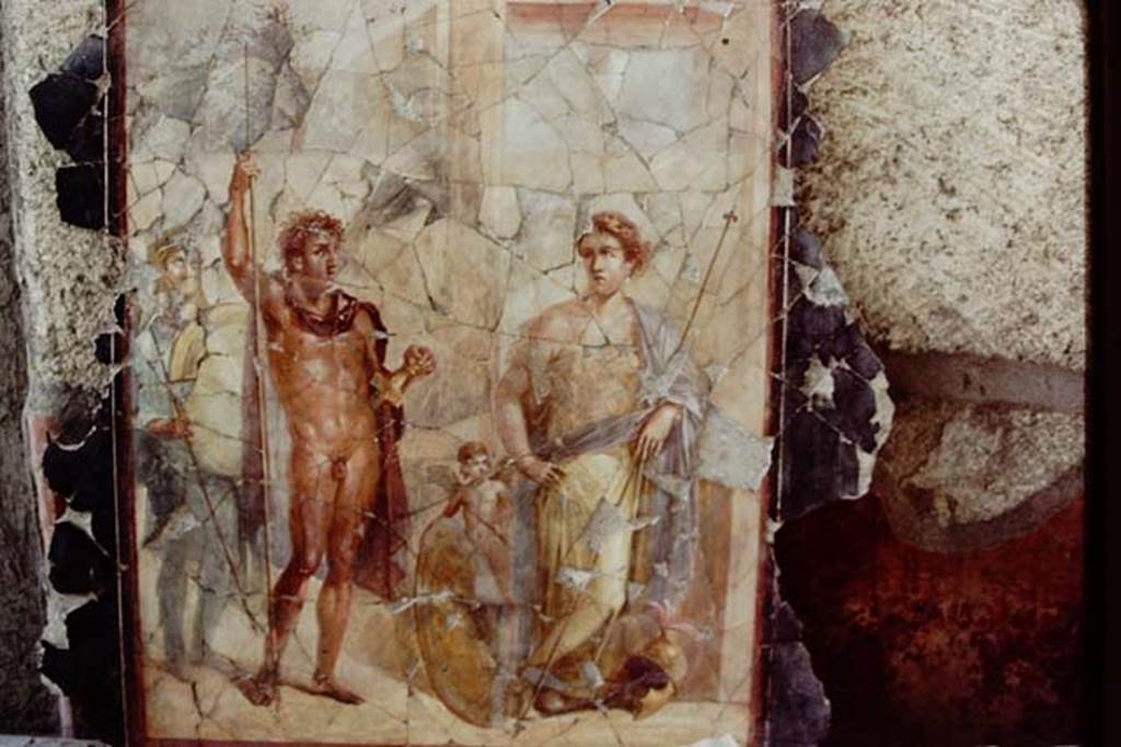 VI.17.42 Pompeii. 1984. Wall painting of the wedding of Alexander and Roxanne during renovation and restoration.
Source: The Wilhelmina and Stanley A. Jashemski archive in the University of Maryland Library, Special Collections (See collection page) and made available under the Creative Commons Attribution-Non Commercial License v.4. See Licence and use details.
J84f0097