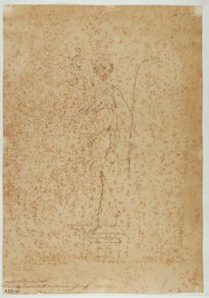 VII.1.8 Pompeii. Drawing by Nicola La Volpe, of painting of a dancing Satyr.
This was either from on the north wall of room G, or the south wall of nymphaeum room F, as they were both seen there.
These paintings were left in situ without protection and have now completely disappeared.
Now in Naples Archaeological Museum. Inventory number ADS 451.
Photo © ICCD. http://www.catalogo.beniculturali.it
Utilizzabili alle condizioni della licenza Attribuzione - Non commerciale - Condividi allo stesso modo 2.5 Italia (CC BY-NC-SA 2.5 IT)