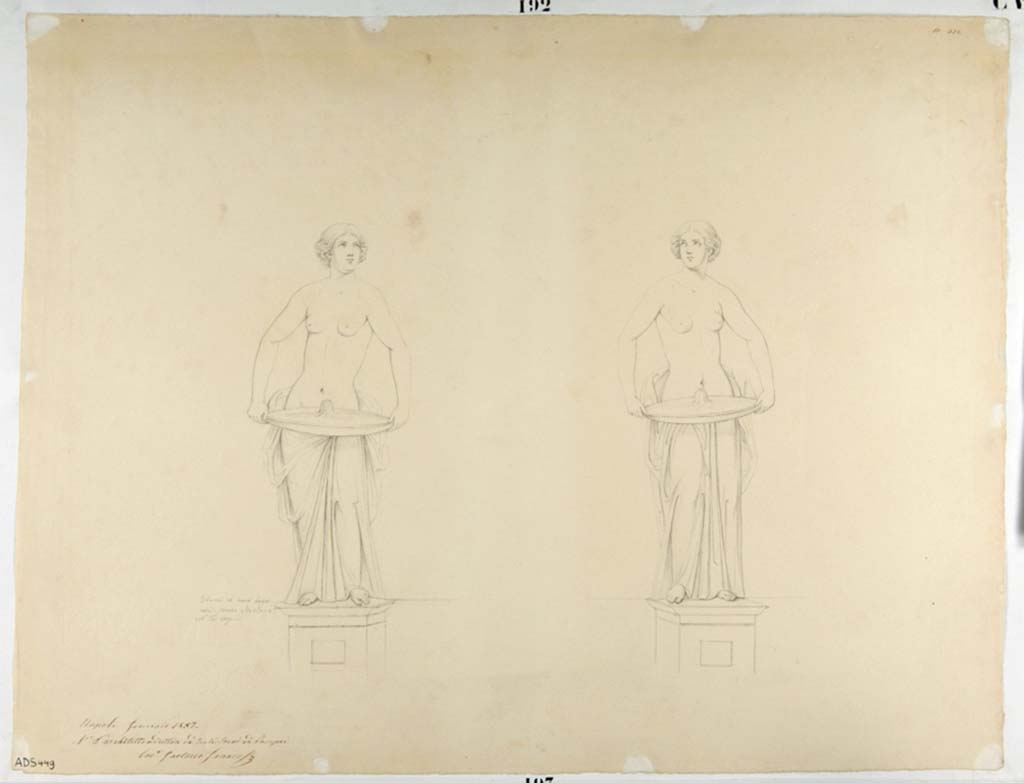 VII.1.8 Pompeii. Drawing by Nicola La Volpe, of painted figures/statues from garden scene.
The walls of both rooms F and G were painted with garden scenes.
These two statue/fountains may have been drawn from two of the ones that were visible on the west wall of room F.
Now in Naples Archaeological Museum. Inventory number ADS 449.
Photo © ICCD. http://www.catalogo.beniculturali.it
Utilizzabili alle condizioni della licenza Attribuzione - Non commerciale - Condividi allo stesso modo 2.5 Italia (CC BY-NC-SA 2.5 IT)