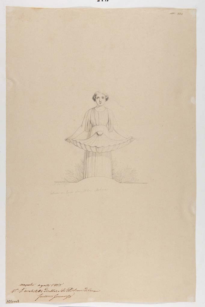 VII.1.8 Pompeii. Drawing by Nicola La Volpe,1855, of painted statue of a nymph-fountain.
The west walls of both rooms E and F were subdivided into three parts and showing a statue supporting a basin with a garden scene behind.
Now in Naples Archaeological Museum. Inventory number ADS 448.
Photo © ICCD. http://www.catalogo.beniculturali.it
Utilizzabili alle condizioni della licenza Attribuzione - Non commerciale - Condividi allo stesso modo 2.5 Italia (CC BY-NC-SA 2.5 IT)