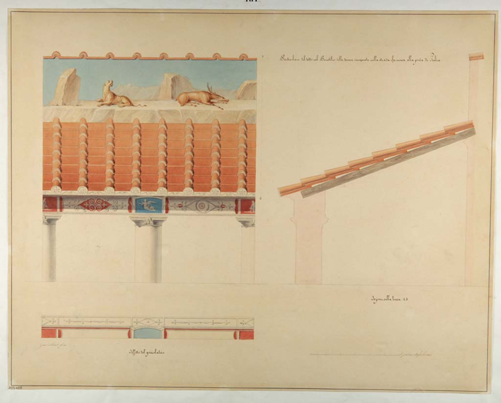 VII.1.8 Pompeii. Drawing and watercolour by Giuseppe Abbate of “particulars of roof in the peristyle”.
This showed the precious testimony of the type of decoration above the pitched sloping roof that sheltered the east portico of the palaestra B.
This was "almost completely lost" in 1854, and today has totally disappeared. Seen, at the top was a painted hunt scene.
Now in Naples Archaeological Museum. Inventory number ADS 458.
Photo © ICCD. http://www.catalogo.beniculturali.it
Utilizzabili alle condizioni della licenza Attribuzione - Non commerciale - Condividi allo stesso modo 2.5 Italia (CC BY-NC-SA 2.5 IT)