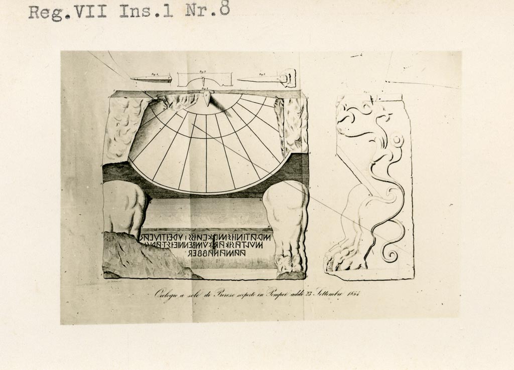 VII.1.8 Pompeii. Pre-1937-39. Drawing of marble sun-dial with Oscan inscription, found 23rd September 1854.
Photo courtesy of American Academy in Rome, Photographic Archive. Warsher collection no. 180.
See Real Museo Borbonico, vol XVI, following p. 168 – Relazione degli Scavi di Pompeii, marble sundial found (p.14) also refers to (p.2).