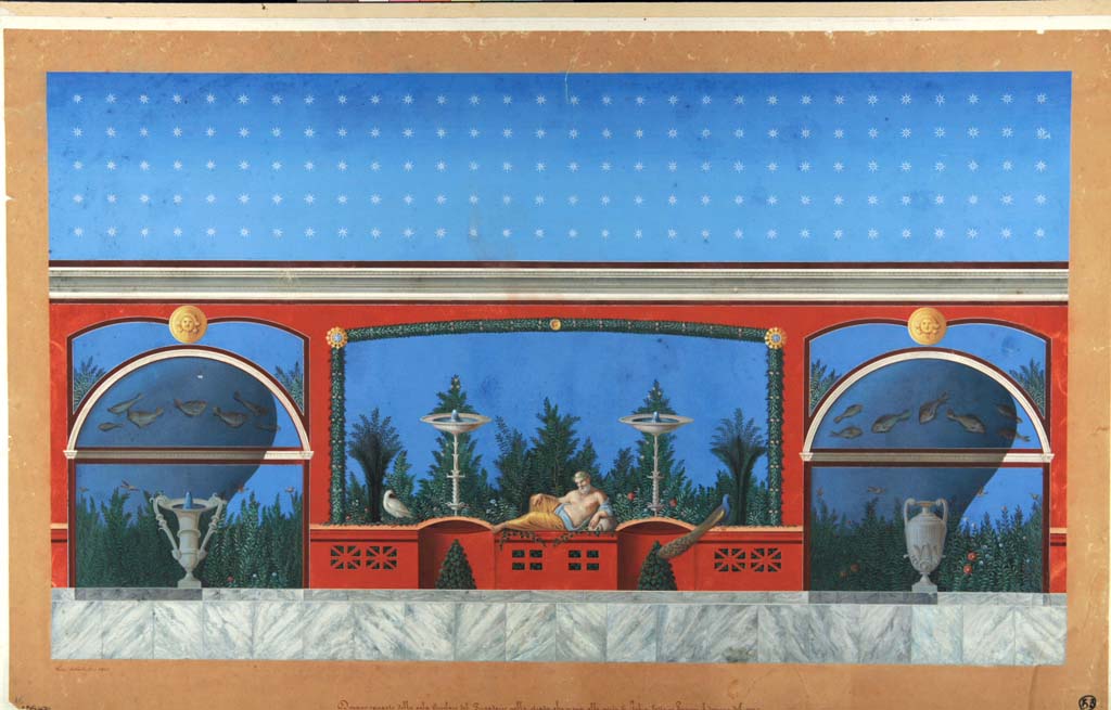 VII.1.8 Pompeii. Painting by Giuseppe Abbate, showing painted garden scene between recesses on east side of frigidarium.
Seen in the centre of the painting on this side was an old Silenus, clearly connected to the Hermaphrodite seen in the painted garden on the west wall.
Now in Naples Archaeological Museum. Inventory number ADS 470.
Photo © ICCD. http://www.catalogo.beniculturali.it
Utilizzabili alle condizioni della licenza Attribuzione - Non commerciale - Condividi allo stesso modo 2.5 Italia (CC BY-NC-SA 2.5 IT)