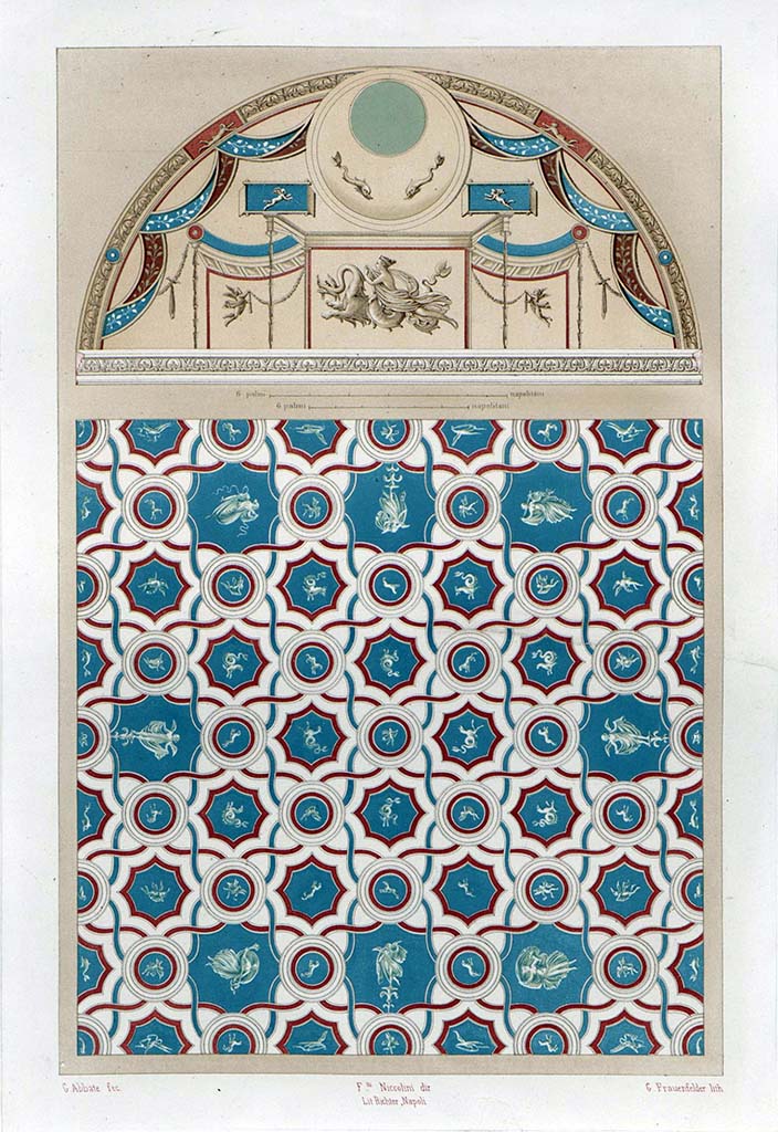 VII.1.8 Pompeii. Vestibule 1. 1854 painting by G. Abbate of the entrance hall ceiling and upper part of an arched west end wall.
See Niccolini F, 1854. Le case ed i monumenti di Pompei: Volume Primo. Napoli, Tav. III.