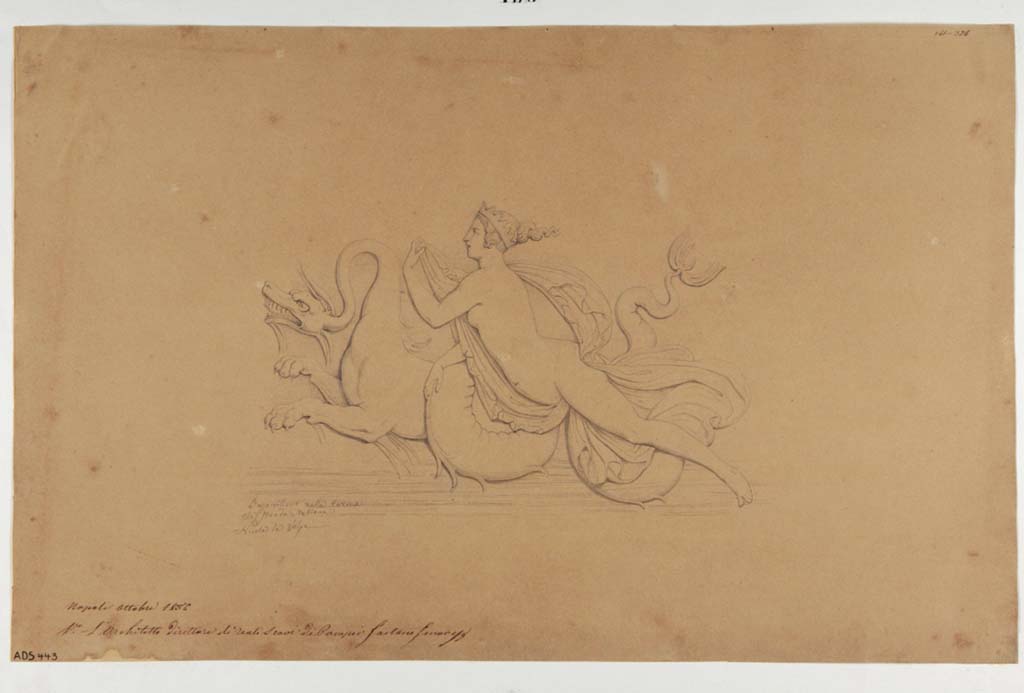 VII.1.8 Pompeii. Drawing by Nicola La Volpe, of Nereid on the back of a sea-monster, from west end of Vestibule 1.
Now in Naples Archaeological Museum. Inventory number ADS 443.
Photo © ICCD. http://www.catalogo.beniculturali.it
Utilizzabili alle condizioni della licenza Attribuzione - Non commerciale - Condividi allo stesso modo 2.5 Italia (CC BY-NC-SA 2.5 IT)