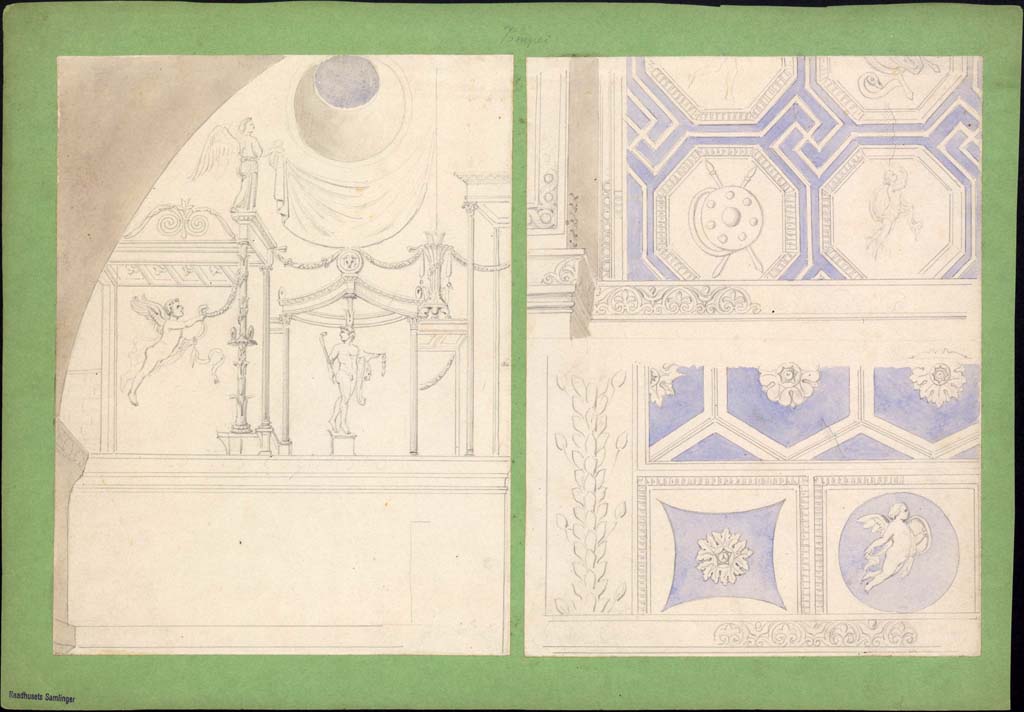 VII.1.8 Pompeii. Undated drawing by Vilhelm Dahlerup (1836-1907).
On the left, stucco plaster from west wall in men’s changing room 2.
Seen, above on the right, details of stucco plaster from west end of south wall of men’s changing room 2.
Below, on the right, detail of stucco decoration from centre of south wall, above niches for belongings in men’s changing room 2.
Photo © Danmarks Kunstbibliotek inv no ark_19789d.