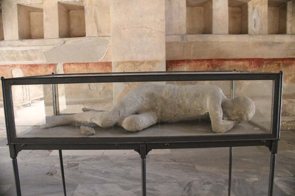 VII.1.8 Pompeii. March 2014.
Plaster cast of body, on display in men’s changing room 2. Found 25th September 1873 in garden area of I.5.3.
Foto Annette Haug, ERC Grant 681269 DÉCOR