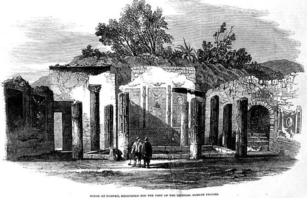 VI.1.25 Pompeii. 1853. Drawing titled House at Pompeii excavated for the visit of the Imperial Russian Princes.
From The Illustrated London News, 30th April 1853, p. 329.
On the 14th April from Naples our own correspondent reported that
“As we entered the Stabian Street we observed on either side a series of dwellings, ………… We next proceeded to the most important house yet found in this street, and which had been lately excavated for the Imperial Princes of Russia (See Illustration). You enter a wide portico of the ostarius, paved with marble, where an elegant table of the same material is placed. The clawed legs of this table are carved with fruits, and the form is very elegant. You then come upon the atrium, with the usual impluvium. None of the surrounding columns is perfect; and only one of the capitals was found, which is rather grotesque than classical. The circular object near one of the columns is a Well, fluted all round, the rim of which bears traces of having been much used. The alae or wings of this dwelling occur at the further end. The centre room is large, and might have been used as a triclinium. It is decorated with those floral romances and architectural illusions which glitter brightly on the walls of Pompeii. This room opens into two smaller apartments – one on the left, and one on the right – nearly destroyed. The main wall on the right contains a niche with steps, but no statue was found. The present dwelling, like most of the houses of Pompeii, had evidently been well rifled by the ancients. Some copper kitchen utensils and a few unimportant marble decorative garden sculptures are all that was found in a dwelling of so much importance. *”
Footnote:
* “The small objects found at Pompeii are always removed to the Museum of Naples. Up to the present time no attempt has been made to restore a house and furnish it, although so much material exists for so doing.”
Photo courtesy of Drew Baker.