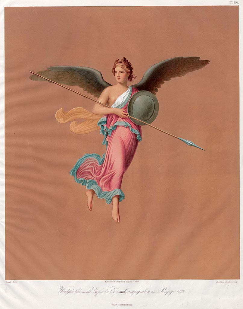 VII.1.25 Pompeii. Pre-September 1859. Painting by Zahn of armed Victory in flight.
See Zahn, W., 1852-59. Die schönsten Ornamente und merkwürdigsten Gemälde aus Pompeji, Herkulanum und Stabiae: III. Berlin: Reimer, taf. 94.