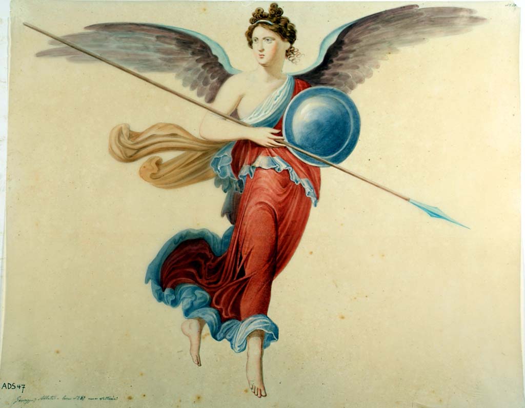 VII.1.25 Pompeii. Painting by Giuseppe Abbate, Vittoria in flight with shield in left hand and lance in the right, from east wall of peristyle 31. This painting is now destroyed.
Now in Naples Archaeological Museum. Inventory number ADS 47.
Photo © ICCD. http://www.catalogo.beniculturali.it
Utilizzabili alle condizioni della licenza Attribuzione - Non commerciale - Condividi allo stesso modo 2.5 Italia (CC BY-NC-SA 2.5 IT)
See Helbig, W., 1868. Wandgemälde der vom Vesuv verschütteten Städte Campaniens. Leipzig: Breitkopf und Härtel, (907).