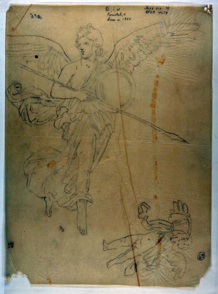 VII.1.25 Pompeii. Anonymous drawing of Vittoria in flight, from east wall of peristyle 31.
Now in Naples Archaeological Museum. Inventory number ADS 518.
Photo © ICCD. http://www.catalogo.beniculturali.it
Utilizzabili alle condizioni della licenza Attribuzione - Non commerciale - Condividi allo stesso modo 2.5 Italia (CC BY-NC-SA 2.5 IT)
See Helbig, W., 1868. Wandgemälde der vom Vesuv verschütteten Städte Campaniens. Leipzig: Breitkopf und Härtel, (907).