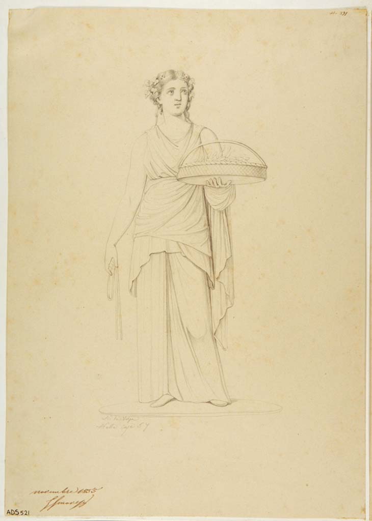 VII.1.25 Pompeii. Peristyle 31. Drawing by Nicola La Volpe, 1855, of woman with offering, described as on a red background.
This was left in situ, and location is no longer identifiable.
Now in Naples Archaeological Museum. Inventory number ADS 521.
Photo © ICCD. http://www.catalogo.beniculturali.it
Utilizzabili alle condizioni della licenza Attribuzione - Non commerciale - Condividi allo stesso modo 2.5 Italia (CC BY-NC-SA 2.5 IT)
See Helbig, W., 1868. Wandgemälde der vom Vesuv verschütteten Städte Campaniens. Leipzig: Breitkopf und Härtel, (1803).