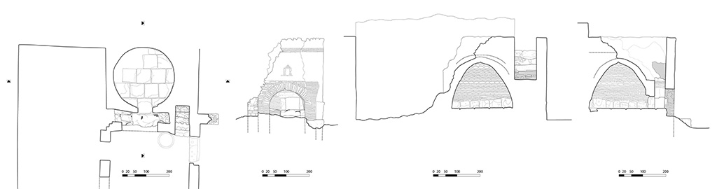 Fig. 10 – Pompéi, boulangerie VII 1, 36-37 – Plan, façade et coupes du four.
Relevé / dessin : S. Mencarelli /EFR.