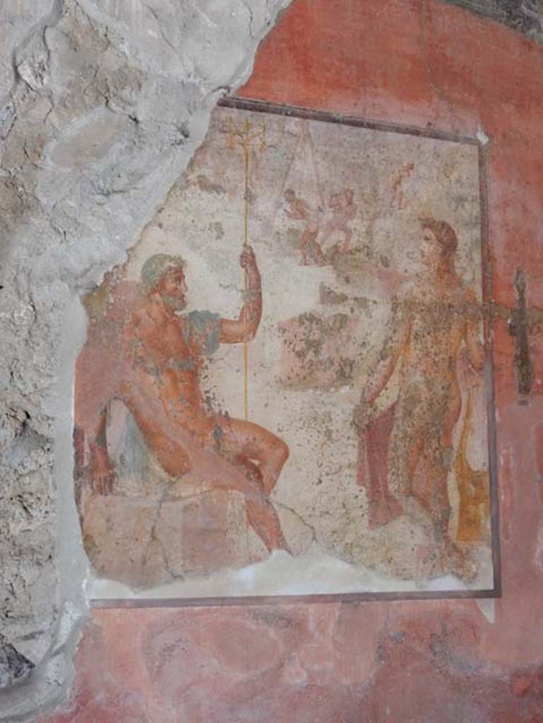 VII.1.47 Pompeii, May 2018. Exedra 10, west wall with central painting of Apollo and Poseidon helping with the construction of the walls of Troy. Photo courtesy of Buzz Ferebee.