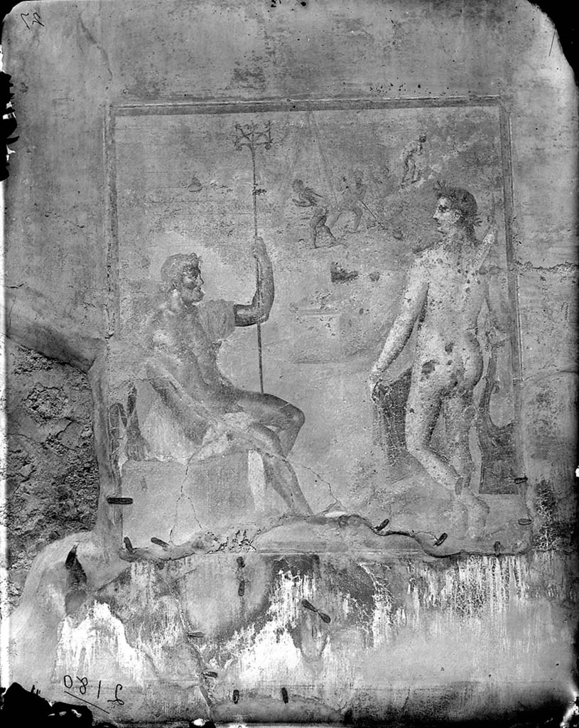 VII.1.47 Pompeii, c.1871. Exedra 10, central painting on west wall.
Photo by J. H. Parker, © American Academy in Rome. Parker.2180.Italia.
