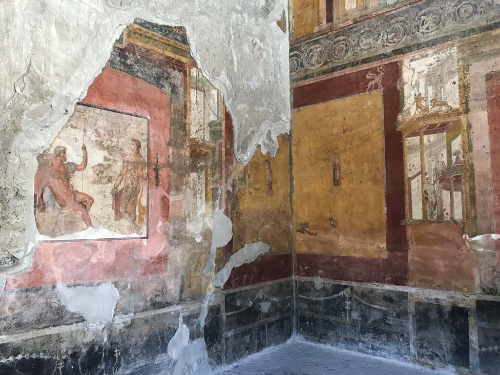 VII.1.47 Pompeii, April 2019. Exedra 10, looking towards north-west corner (photo enhanced).
Photo courtesy of Rick Bauer.