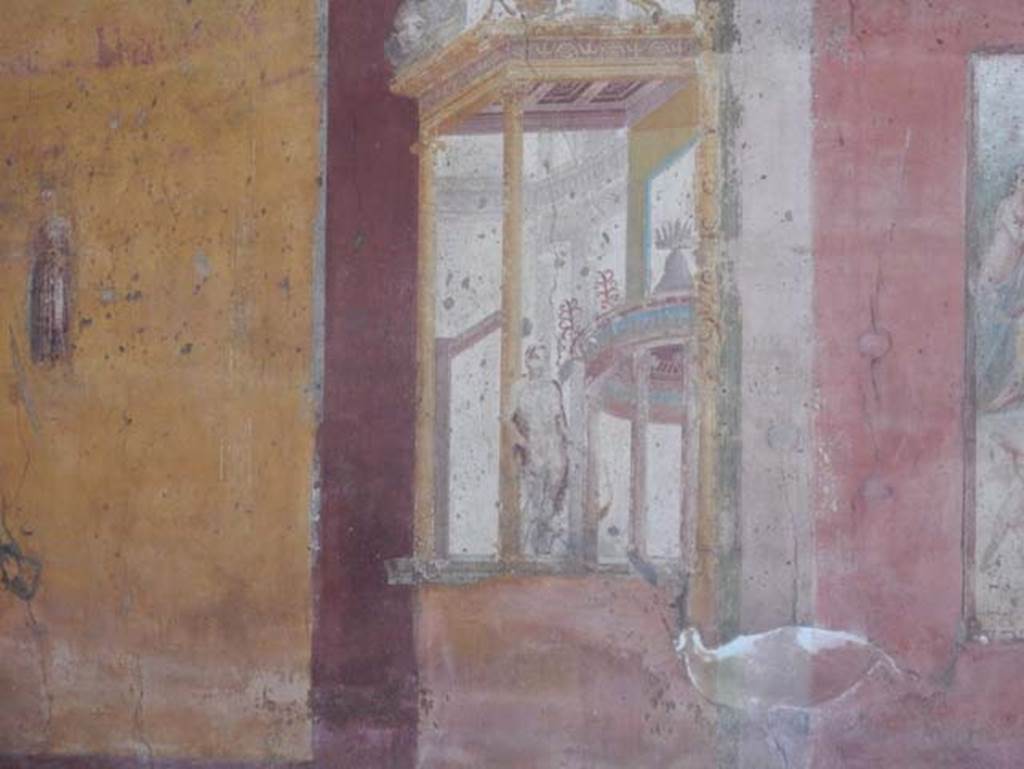 VII.1.47 Pompeii. May 2017. Exedra 10, detail of Apollo in tholos in architectural painting from north wall at west end.
Photo courtesy of Buzz Ferebee.
See Helbig, W., 1868. Wandgemälde der vom Vesuv verschütteten Städte Campaniens. Leipzig: Breitkopf und Härtel, 186.
See Carratelli, G. P., 1990-2003. Pompei: Pitture e Mosaici: Vol VI. Roma: Istituto della enciclopedia italiana, p.263.