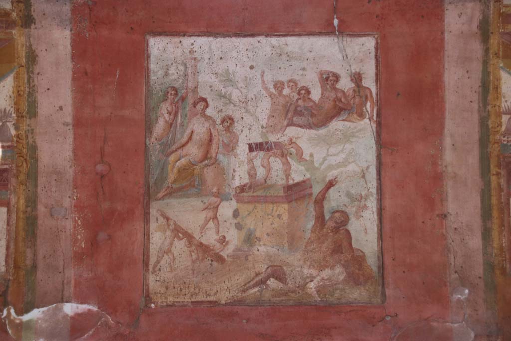 VII.1.47 Pompeii. September 2017. Exedra 10, central wall painting from north wall.
Photo courtesy of Klaus Heese.
