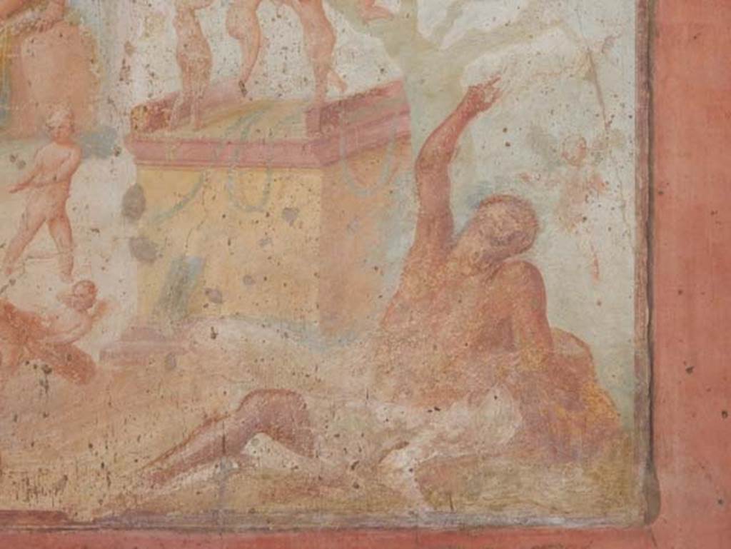 VII.1.47 Pompeii. May 2017. Exedra 10, detail of drunken Hercules from central painting on north wall.
Photo courtesy of Buzz Ferebee.
