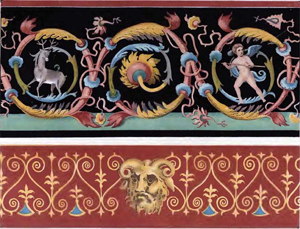 VII.1.47 Pompeii. Exedra 10, north wall.
1878 wall painting of an arabesque with stag and cupid (top) and a panel with a mask of Pan (below).
See Presuhn E., 1878. Les Decorations Murales de Pompei. Weigel, Leipzig, Tav. XX.
See Carratelli, G. P., 1990-2003. Pompei: Pitture e Mosaici: Vol. VI. Roma: Istituto della enciclopedia italiana, p. 255, 267 and 273.