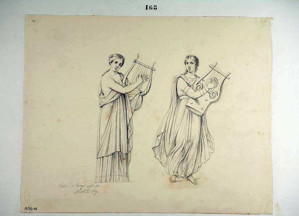 VII.1.47 Pompeii. Exedra 10, Muses. Drawing by Nicola La Volpe, of the Muse Erato playing the lyre, on the left, seen on the yellow panel on the east end of the north wall.
See Helbig, W., 1868. Wandgemälde der vom Vesuv verschütteten Städte Campaniens. Leipzig: Breitkopf und Härtel, (866).
On the right is another Muse with lyre, who does not seem fully identical with Terpsichore, (Helbig 869), painted by Abbate, see below at east end of south wall.
Now in Naples Archaeological Museum. Inventory number ADS 56.
Photo © ICCD. http://www.catalogo.beniculturali.it
Utilizzabili alle condizioni della licenza Attribuzione - Non commerciale - Condividi allo stesso modo 2.5 Italia (CC BY-NC-SA 2.5 IT)