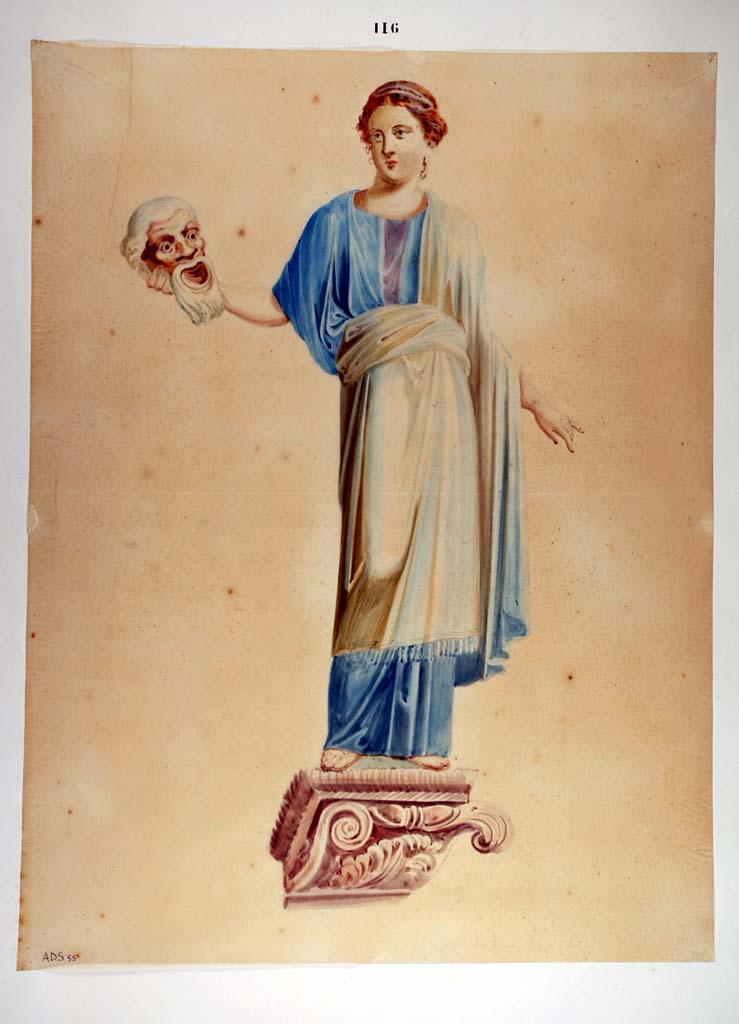 VII.1.47 Pompeii. Exedra 10, east wall at north end.
Copy painting by Giuseppe Abbate, of the Muse Thalia, floating on a shelf in the middle of the north (left) yellow panel on the east wall.
Now in Naples Archaeological Museum. Inventory number ADS 55.
Photo © ICCD. http://www.catalogo.beniculturali.it
Utilizzabili alle condizioni della licenza Attribuzione - Non commerciale - Condividi allo stesso modo 2.5 Italia (CC BY-NC-SA 2.5 IT)
See Helbig, W., 1868. Wandgemälde der vom Vesuv verschütteten Städte Campaniens. Leipzig: Breitkopf und Härtel, (882).