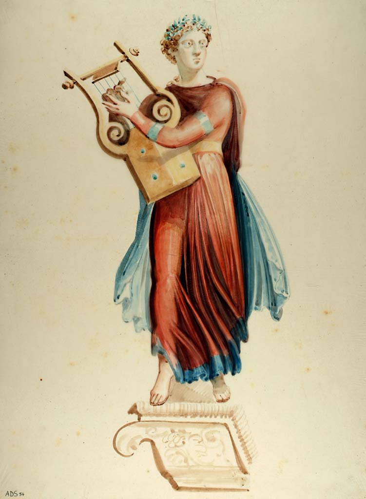 VII.1.47 Pompeii. Exedra 10, Muse from east side of south wall.
Copy painting by Giuseppe Abbate, of the Muse Terpsichore, floating on a shelf, from the centre of the east side of the south wall.
Now in Naples Archaeological Museum. Inventory number ADS 54.
Photo © ICCD. http://www.catalogo.beniculturali.it
Utilizzabili alle condizioni della licenza Attribuzione - Non commerciale - Condividi allo stesso modo 2.5 Italia (CC BY-NC-SA 2.5 IT)
See Helbig, W., 1868. Wandgemälde der vom Vesuv verschütteten Städte Campaniens. Leipzig: Breitkopf und Härtel, (869).