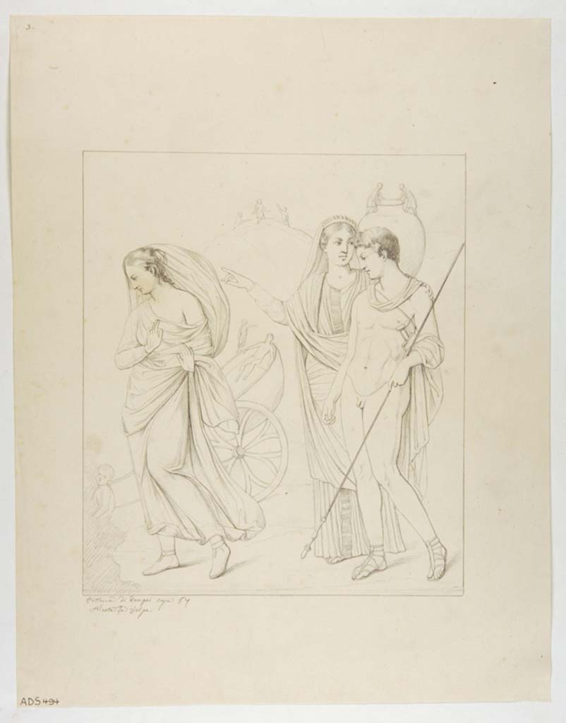 VII.1.47 Pompeii. Room 8, south wall.
Drawing by Nicola La Volpe, of painting of a warrior and girl, which was left in situ and has now faded.
This drawing of the painting is the only known record, other than ADS 493 below by Abbate.
Today all the IV Style the decoration of the room has completely faded and been lost.
Now in Naples Archaeological Museum. Inventory number ADS 494.
Photo © ICCD. http://www.catalogo.beniculturali.it
Utilizzabili alle condizioni della licenza Attribuzione - Non commerciale - Condividi allo stesso modo 2.5 Italia (CC BY-NC-SA 2.5 IT)
See Helbig, W., 1868. Wandgemälde der vom Vesuv verschütteten Städte Campaniens. Leipzig: Breitkopf und Härtel, (1396).