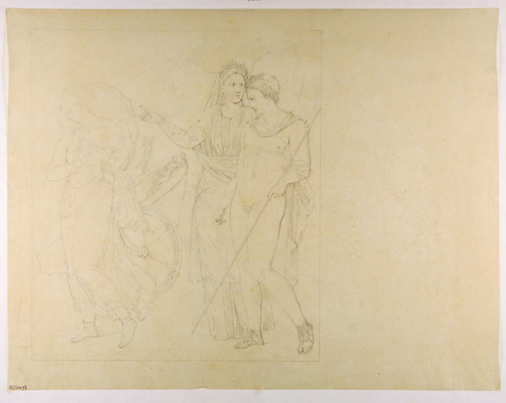 VII.1.47 Pompeii. Room 8, south wall. Drawing by Giuseppe Abbate, of a young girl fleeing in front of an armed male figure.
Now in Naples Archaeological Museum. Inventory number ADS 493.
Photo © ICCD. http://www.catalogo.beniculturali.it
Utilizzabili alle condizioni della licenza Attribuzione - Non commerciale - Condividi allo stesso modo 2.5 Italia (CC BY-NC-SA 2.5 IT)
See Helbig, W., 1868. Wandgemälde der vom Vesuv verschütteten Städte Campaniens. Leipzig: Breitkopf und Härtel, (1396)