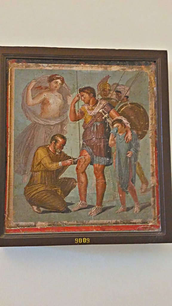 VII.1.47 Pompeii. Wall painting of the Wounded Aeneas.
Now in Naples Archaeological Museum, inv. 9009.
Photo courtesy of Giuseppe Ciaramella, November 2018.