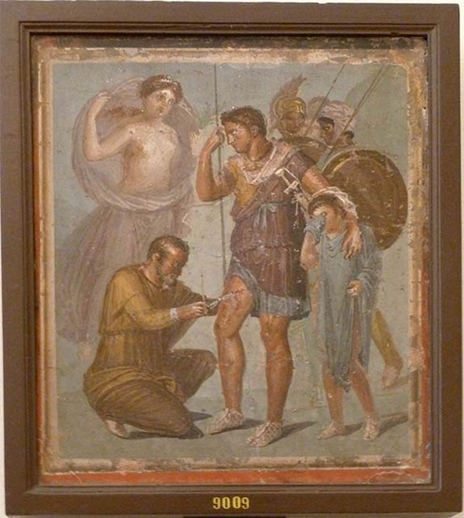 VII.1.47 Pompeii. May 2010. Found in triclinium on north-east side of atrium. Wall painting of the Wounded Aeneas. An injured Aeneas is treated by the surgeon Lapix. Aphrodite rushes to help her son, who leans on the young Ascanius. Now in Naples Archaeological Museum. Inventory number 9009.