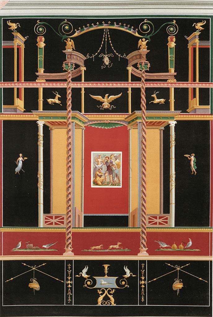 VII.1.47 Pompeii. 1854 painting of north wall in triclinium 8 on north-east side of atrium.
In the centre is the painting of the wounded Aeneas.
See Niccolini F, 1854. Le case ed i monumenti di Pompei: Volume Primo. Napoli. Casa di Sirico, p. 3-4, Tav II.