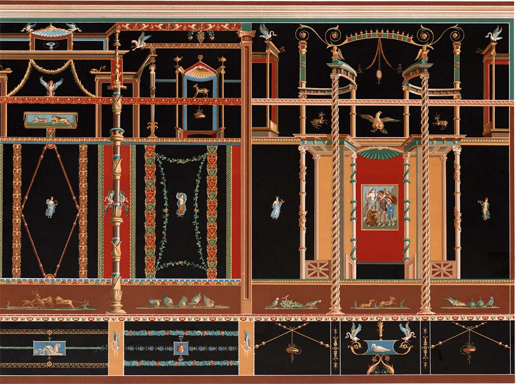 VII.1.47 Pompeii. 1886 painting of north wall in triclinium 8 on north-east side of atrium.
In the second panel from the right is the painting of the wounded Aeneas.
See D’Amelio, P, 1886. Dipinti murali scelte di Pompei. Naples: Richter, Tav. 2.