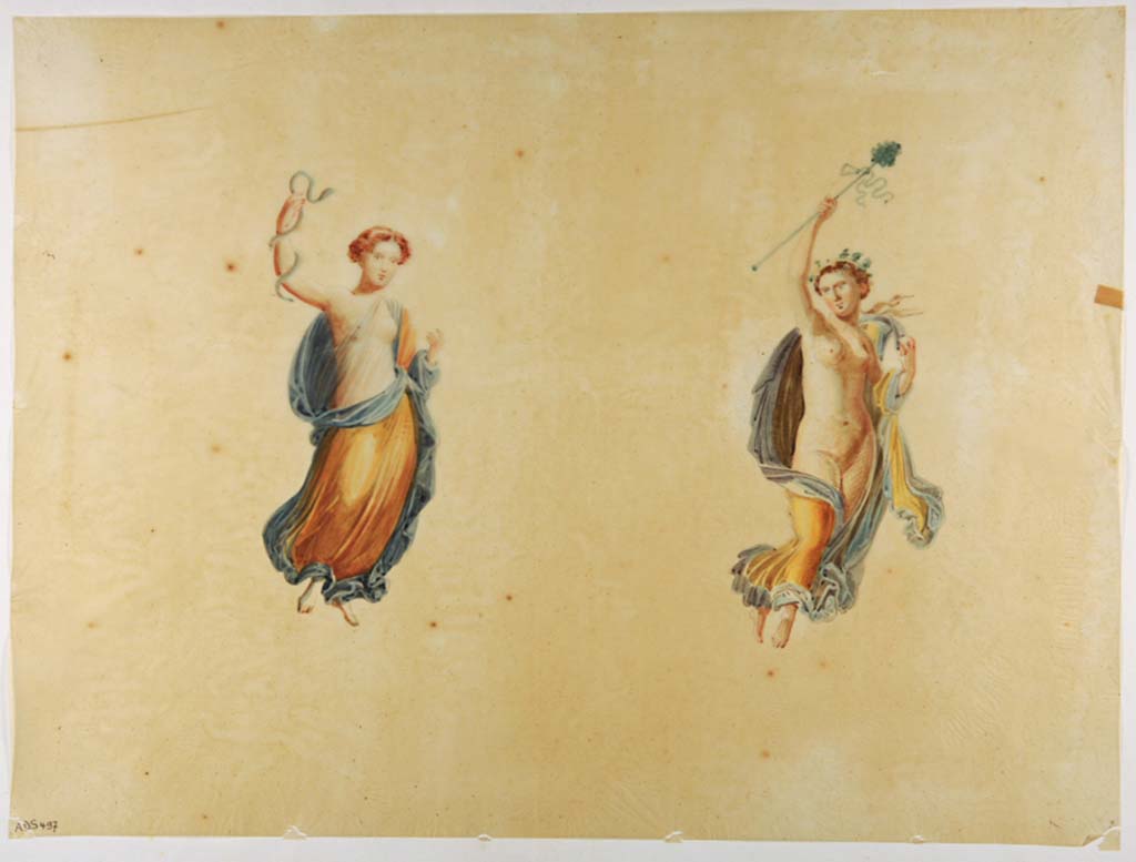 VII.1.47 Pompeii. Room 8, Maenads in flight from side panels of walls.
Copy painting by Antonio Ala, not signed but attributed to him, the Maenads have now faded.
Now in Naples Archaeological Museum. Inventory number ADS 497.
Photo © ICCD. http://www.catalogo.beniculturali.it
Utilizzabili alle condizioni della licenza Attribuzione - Non commerciale - Condividi allo stesso modo 2.5 Italia (CC BY-NC-SA 2.5 IT)
See Helbig, W., 1868. Wandgemälde der vom Vesuv verschütteten Städte Campaniens. Leipzig: Breitkopf und Härtel, (494, 478)