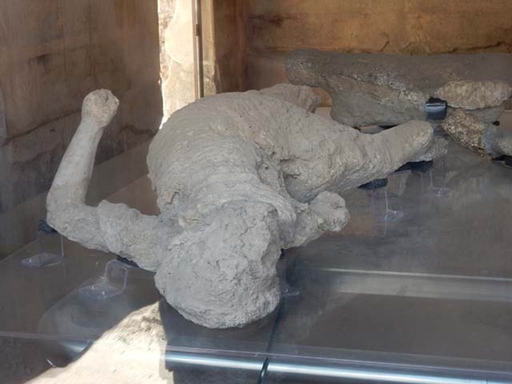 VII.1.47 Pompeii. May 2017.Plaster casts of young female, on display in triclinium but found in the Vicolo degli Scheletri. Photo courtesy of Buzz Ferebee.
