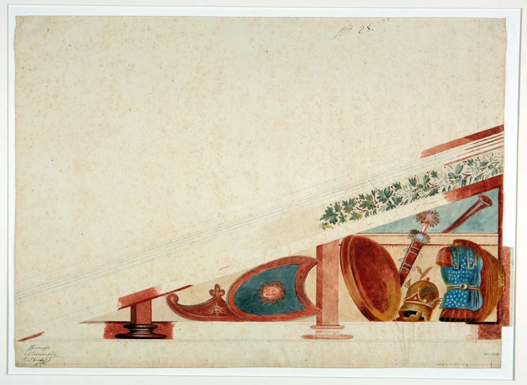 VII.1.47/25 Pompeii. c.1852-55. Detail of watercolour of frieze from west wall of peristyle 19, by Michele Mastracchio.
Now in Naples Archaeological Museum. Inventory number ADS 1207.
Photo © ICCD. http://www.catalogo.beniculturali.it
Utilizzabili alle condizioni della licenza Attribuzione - Non commerciale - Condividi allo stesso modo 2.5 Italia (CC BY-NC-SA 2.5 IT)