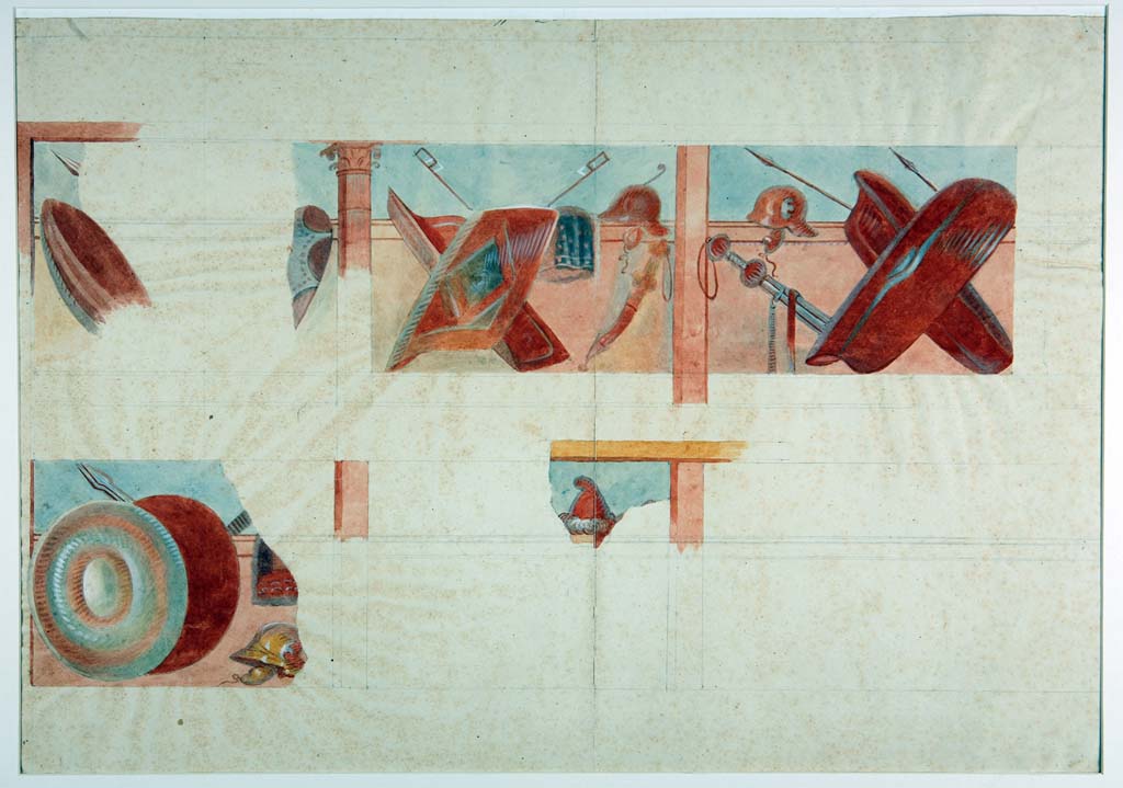 VII.1.47/25 Pompeii. c.1852-55. Detail of watercolour of frieze from west wall of peristyle 19, by Michele Mastracchio.
Now in Naples Archaeological Museum. Inventory number ADS 1208.
Photo © ICCD. http://www.catalogo.beniculturali.it
Utilizzabili alle condizioni della licenza Attribuzione - Non commerciale - Condividi allo stesso modo 2.5 Italia (CC BY-NC-SA 2.5 IT)