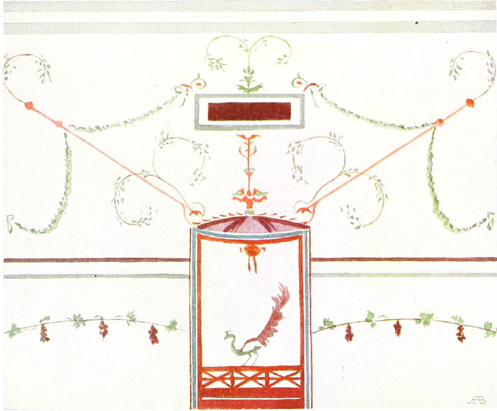 VII.1.25/47 Pompeii. Before 1911. Painting of part of a wall by the architect R. A. Briggs, found in the House of Siricus.
The height of the frieze is said to be one foot eight inches.
See Briggs R. A., 1911. Pompeian Decorations. London: Batsford, Plate: Two Friezes.