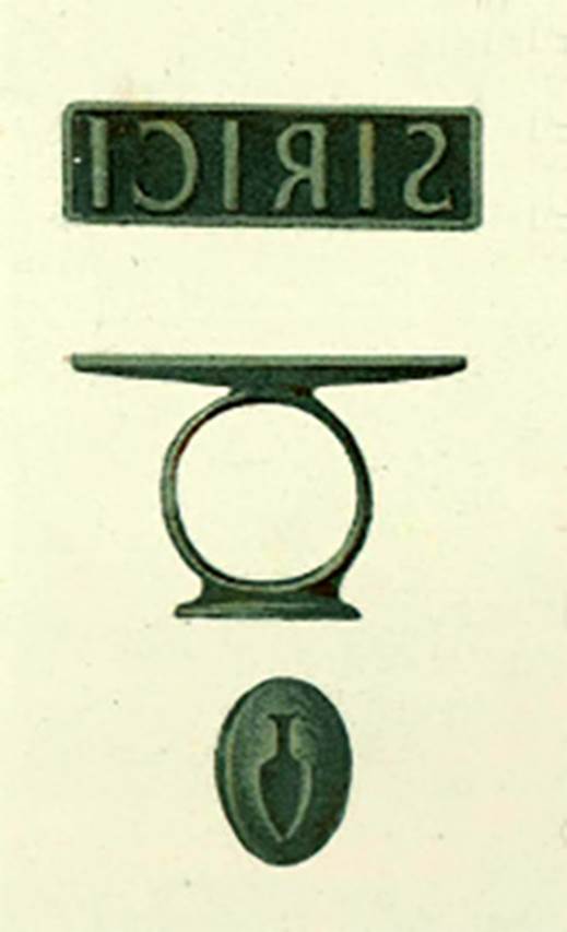 VII.1.47 Pompeii. 1854 drawing of the SIRICI seal found in the tablinum 6 which confirmed the name of the owner. See Niccolini F, 1854. Le case ed i monumenti di Pompei: Volume Primo. Napoli. Casa di Sirico, Tav I, items 19-21.